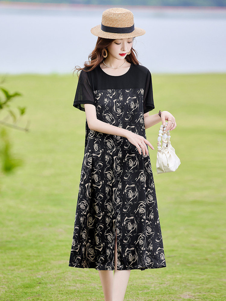 复古印花拼接连衣裙女2025夏新款时尚显瘦宽松休闲慵懒风T恤裙子,女装连衣裙,靓衣阁