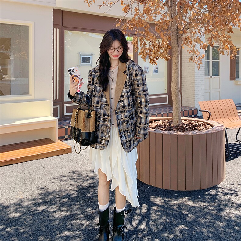 新款，格子重工刺绣提花拼麂皮绒西服B276-2532-P170-K258，女装西装，浙宝276（原081）