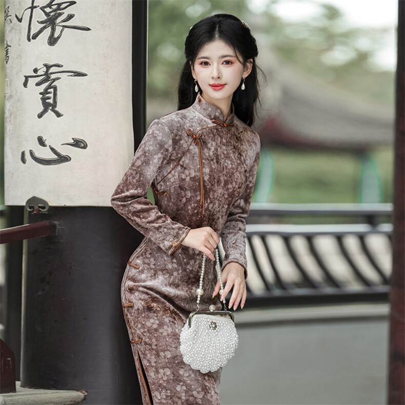 新中式风立领流苏盘扣纤格绒加绒旗袍2653P155,女装汉服/婚纱/旗袍/礼服,乐衣轩