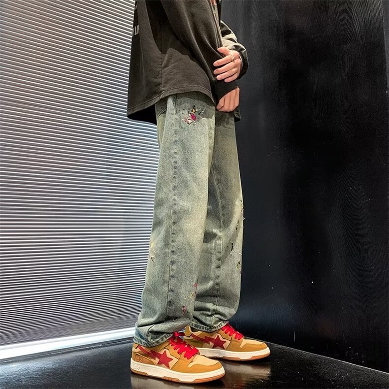 美式高街泼墨水洗做旧牛仔裤男ins潮牌宽松直筒街头长裤N9534-P48,男装牛仔裤,星座1008