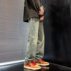 美式高街泼墨水洗做旧牛仔裤男ins潮牌宽松直筒街头长裤N9534-P48，男装牛仔裤，星座1008