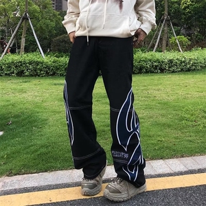 新品嘻哈日系高街休闲牛仔裤宽松阔腿直筒裤男贴布刺绣NC14P62图片
