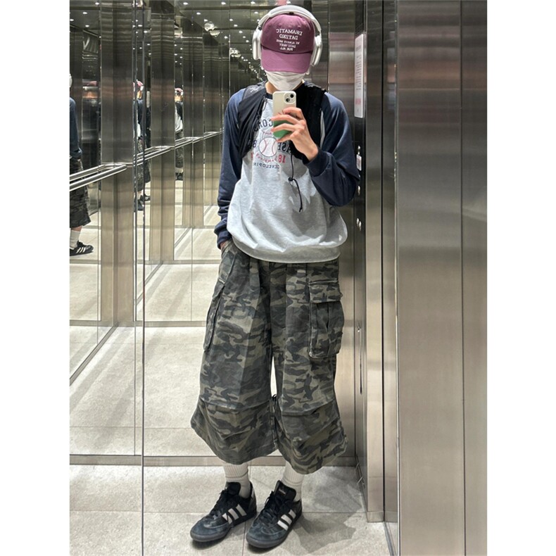 网图有货 美式复古迷彩工装裤男女宽松直筒阔腿七分裤 A374-P50图片