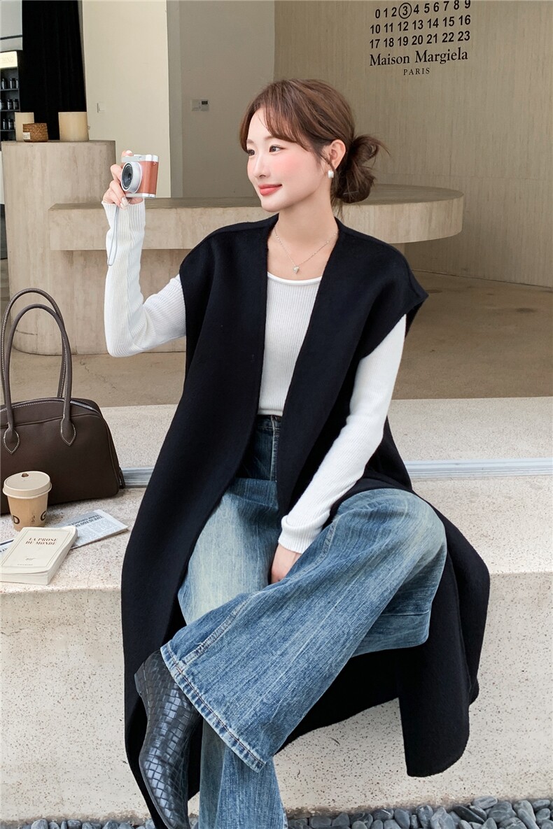 休闲减龄黑色双面呢羊毛马甲外套女秋冬2025新款气质超火长款大衣,女装毛呢外套,2C220