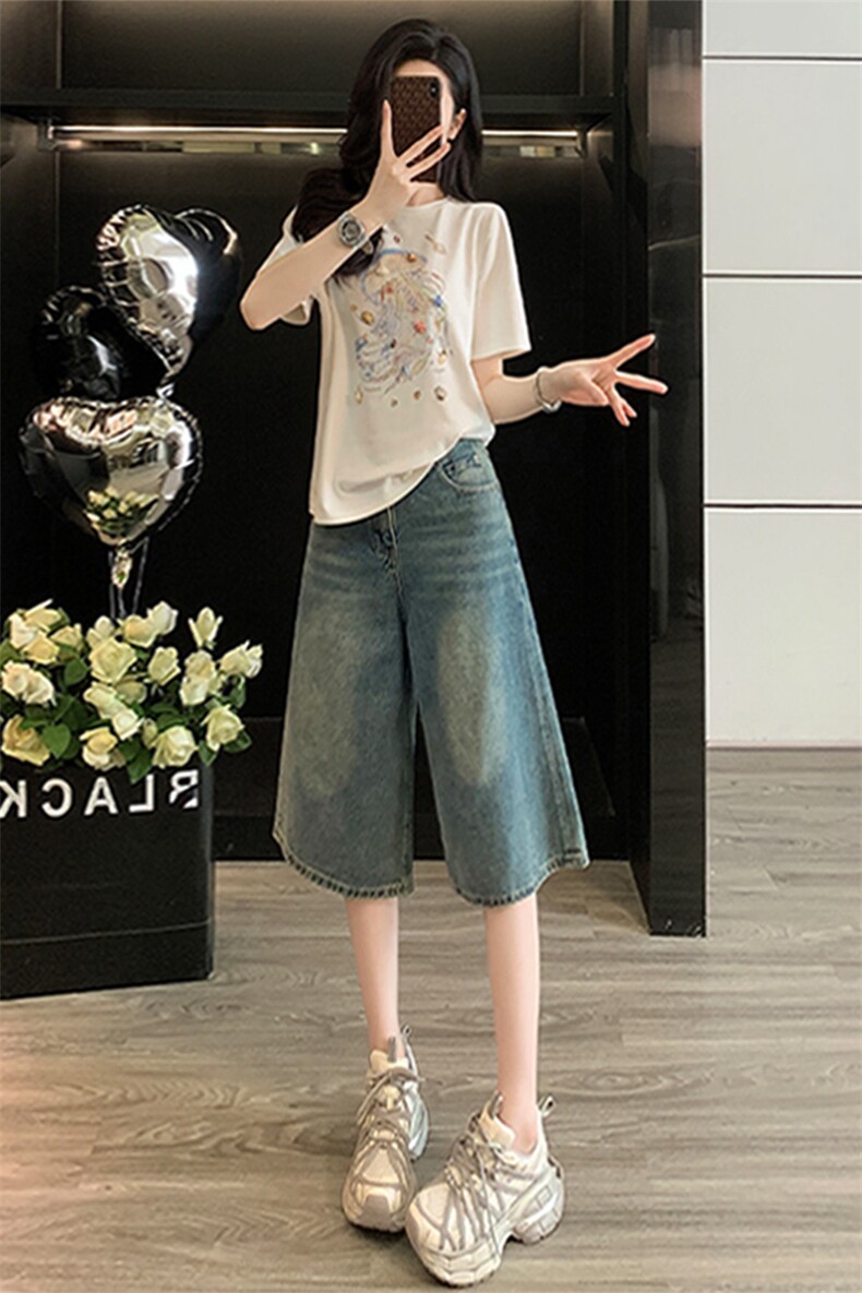女夏季新款时尚运动休闲套装减龄百搭圆领短袖宽松牛仔中裤两件套,女装套装/套裙,2C310