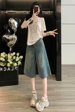 女夏季新款时尚运动休闲套装减龄百搭圆领短袖宽松牛仔中裤两件套，女装套装/套裙，2C310