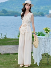 （新款现货）2026夏装时尚刺绣不对称上衣+阔腿裤棉麻套装两件套，女装套装/套裙，印象茜