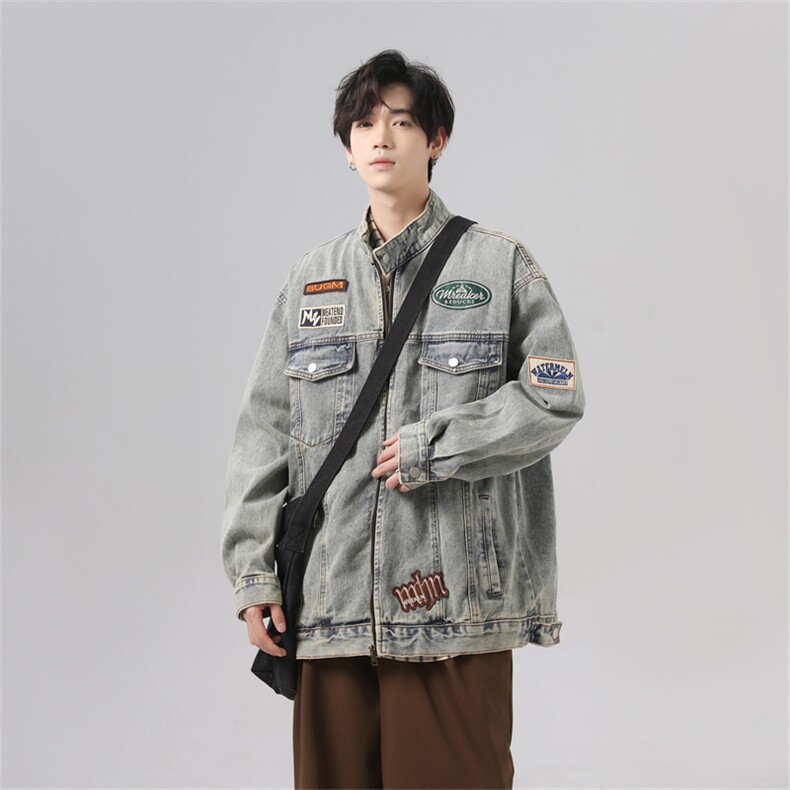 2025潮牌机车风绣标牛仔外套男美式复古做旧翻领棒球服JK1020-P95图片