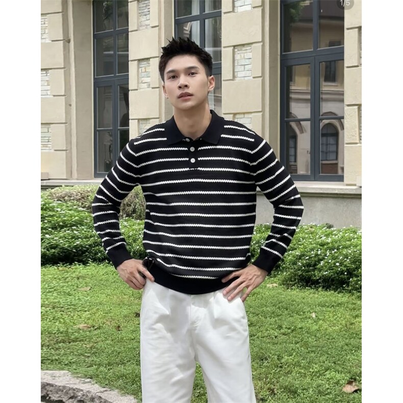 松弛感老钱风黑白条纹针织长袖POLO领套头毛衣F3323/P68图片