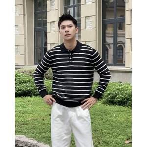 松弛感老钱风黑白条纹针织长袖POLO领套头毛衣F3323/P68