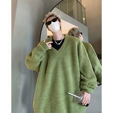 港风文艺潮流宽松百搭纯色上衣V领加绒针织衫毛衣HY597JRP65，男装针织衫/毛衣，电商A102B