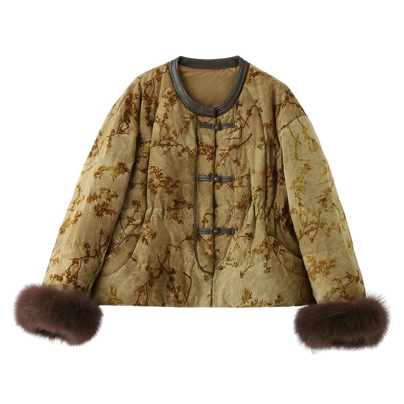现货狐狸毛羽绒服女提花短外套2025冬季新款新中式白鸭绒上衣,女装羽绒服,仟媚宠