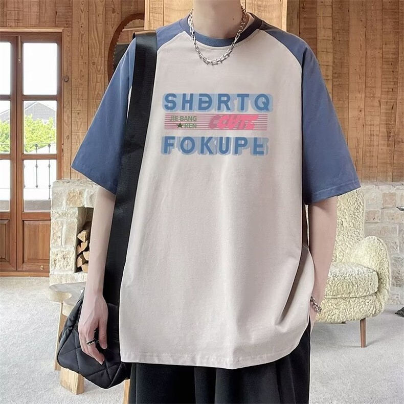 2024新款夏季潮牌插肩袖纯棉T恤男女士短袖宽松半袖美式复古上衣,男装T恤,星座716-2