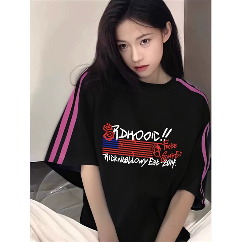 抖音得物品质二开240克宽松纯棉美式潮牌印花三条杠中性风短袖T恤,男装T恤,电商A486-1