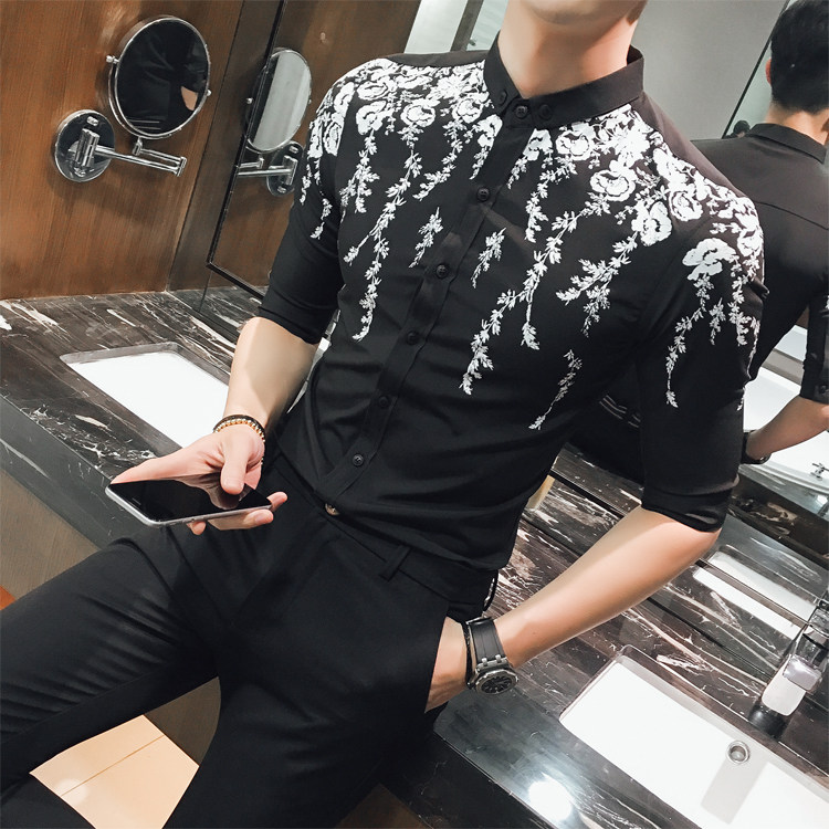 修身型印花青年夏季休闲常规青春流行2021年尖领潮七分袖简约衬衫,男装衬衫,星座419（原A233）