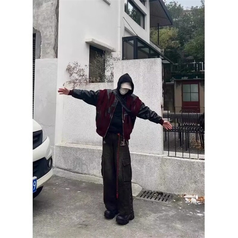 酒红色美式高街飞行员夹克外套高级感痞帅拼接棒球服JKJ31特P73,男装夹克,星座908-1