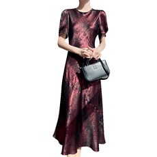 优雅气质醋酸缎面短袖连衣裙高级感鎏金高端显瘦丝滑收腰过膝长裙，女装连衣裙，圣丽羊绒