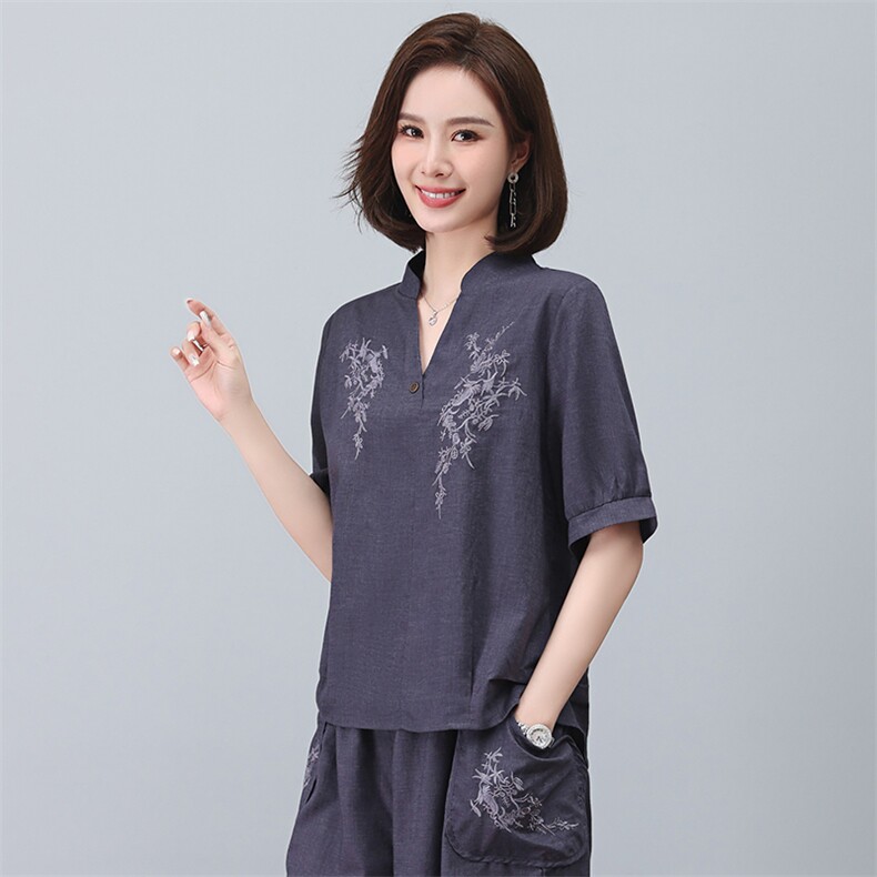 亚麻衬衫女短袖2023年新款夏季刺绣衬衣v领小衫妈妈气质苎麻上衣,女装T恤,忆绮罗