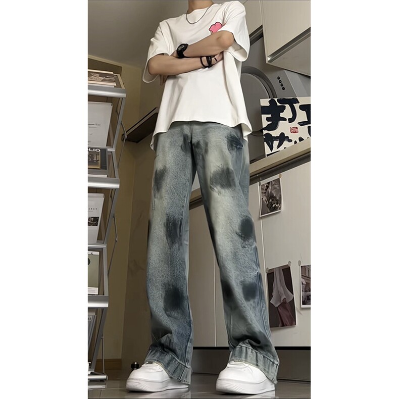 现货~美式复古水洗破坏牛仔裤高街直筒染脏裤子 XZ1002-K7739-P60图片