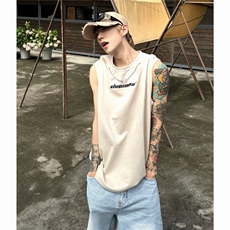 现货2025夏嘻哈项链字母麂皮绒背心无袖T恤A025-B349-P25控38，男装背心/马甲，电商A025