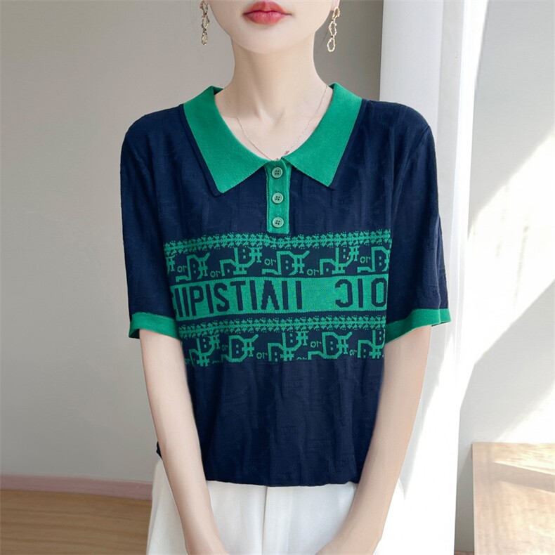 夏季新款天丝polo领拼色字母提花短袖女宽松百搭显瘦时尚休闲上衣,女装T恤,暖娇绒包芯纱店