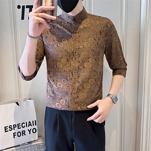 店主风社会小伙男士七分袖立领提花衬衫男301A-1/CS580/P55图片