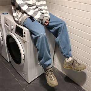 秋冬季ins港风牛仔裤男宽松直筒韩版简约束脚百搭休闲裤KZ926-P35图片