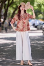 现货！夏季新款2025套装女简约时尚优雅气质印花天丝麻刺绣两件套，女装套装/套裙，魅影