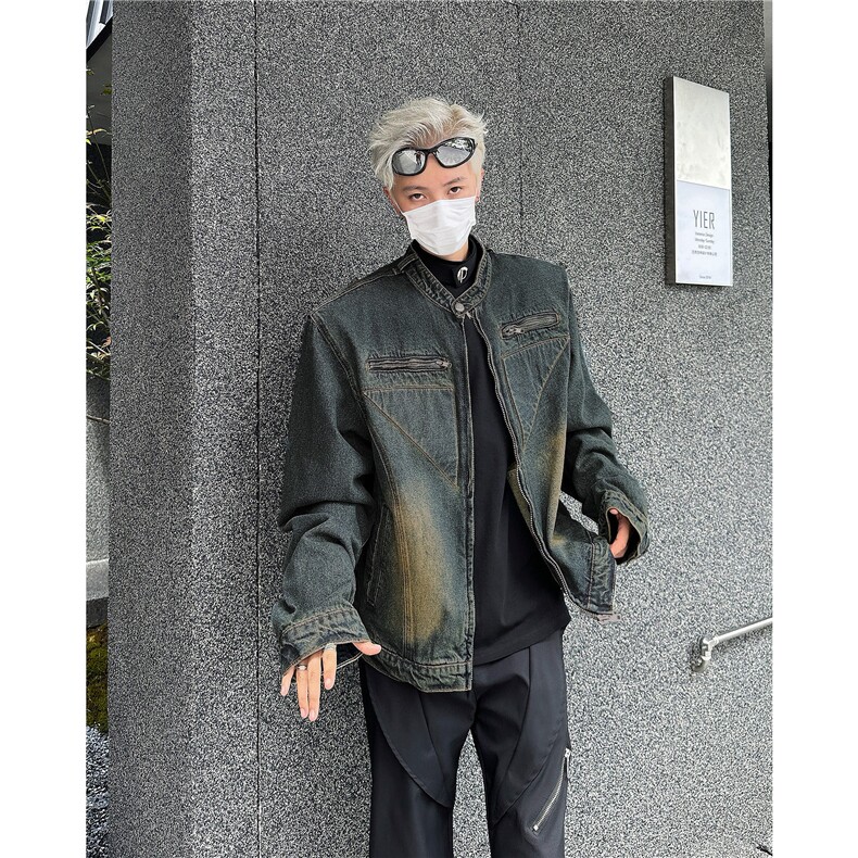 现货 高街小众解构设计感垫肩牛仔外套男女做旧复古水洗短款夹克图片