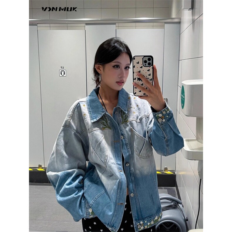 JK8973-P73 美式复古秋季新款花卉潮牌设计感渐变刺绣牛仔夹克图片