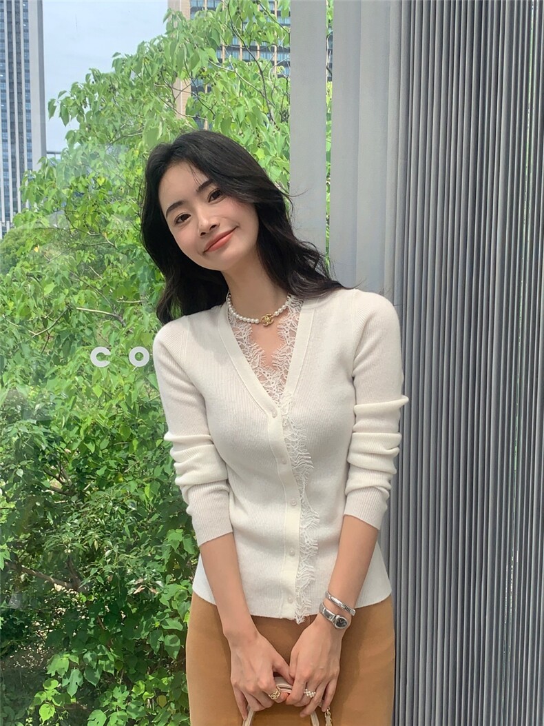 秋冬新款v领蕾丝边衫女修身开衫上衣针织衫,针织衫/毛衣,玛卡隆羊绒