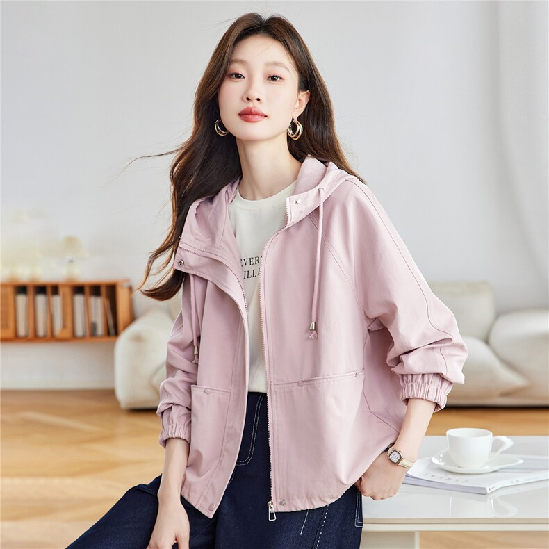 时尚减龄少女粉色短款外套女2025秋新款宽松百搭连帽休闲夹克上衣,商品下架区,慕咨