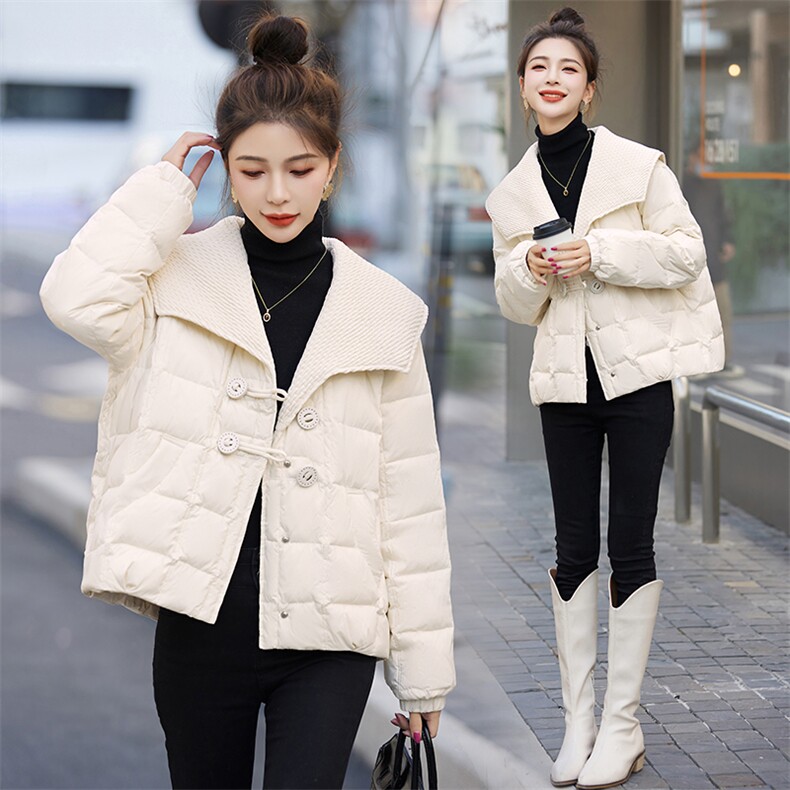 2023新款大翻领羽绒服女冬季休闲时尚潮流设计感薄款短款轻便外套,女装羽绒服,星期衣