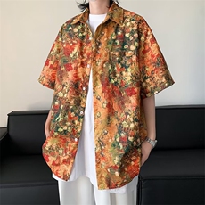 夏威夷碎花短袖衬衫男古巴领冰丝衬衣小众设计感外套C488，男装衬衫，星座1116A-1（原606A）