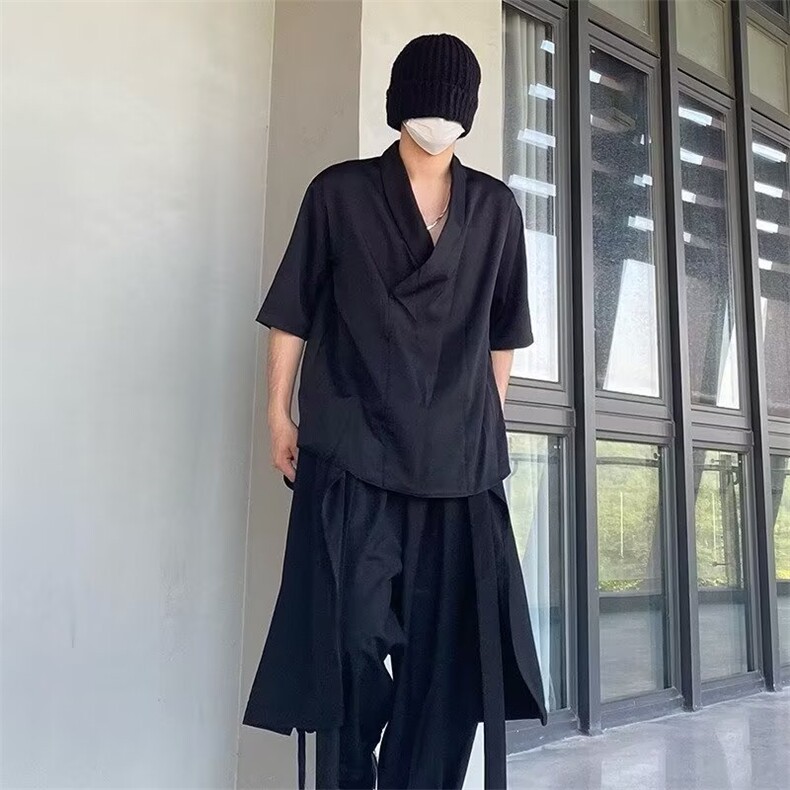山本耀司风短袖衬衫男夏季新款居家茶服发型师潮牌垂感v领上衣潮,男装T恤,星座506A