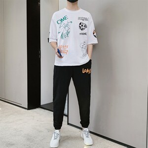 2024夏季潮流时尚T恤男装青少年宽松休闲ins圆领套装F306P68图片
