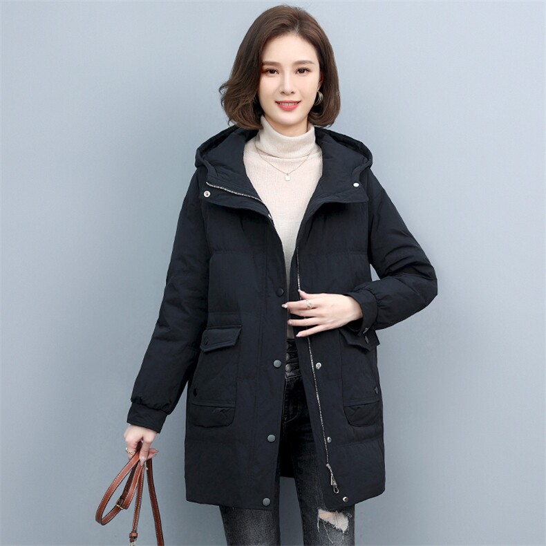 时尚保暖女士连帽羽绒服修身显瘦长款外套,女装羽绒服,文熹诺