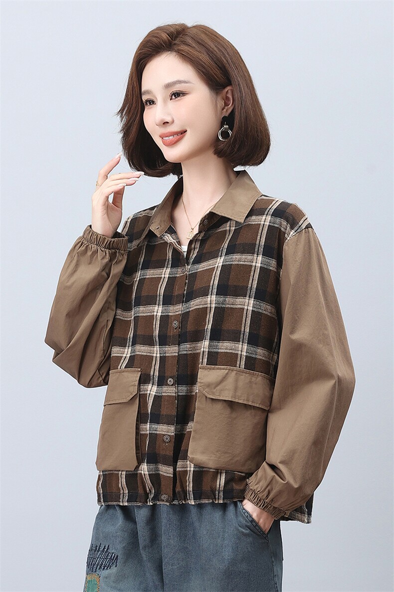 时尚格子拼接长袖衬衫女宽松显瘦百搭休闲上衣秋装新款韩版衬衣,女装衬衫,叶笙衣