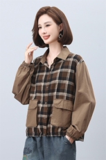 时尚格子拼接长袖衬衫女宽松显瘦百搭休闲上衣秋装新款韩版衬衣，女装衬衫，叶笙衣