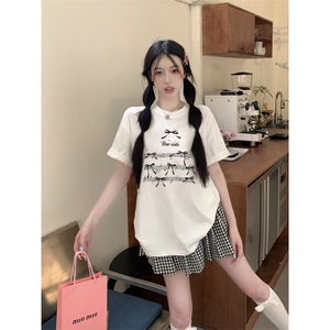 T0658-P25 学生款甜美少女上衣 音符蝴蝶结印花纯棉短袖图片