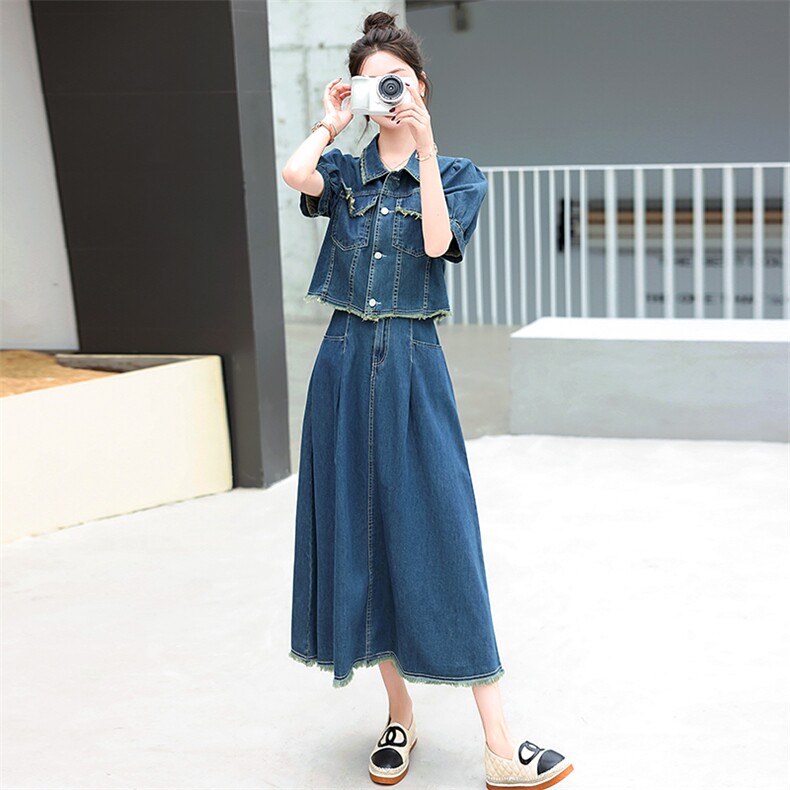 高级感纯棉牛仔套装裙女2024夏季新款高腰法式复古半身裙子两件套,女装套装/套裙,曼琳思菲