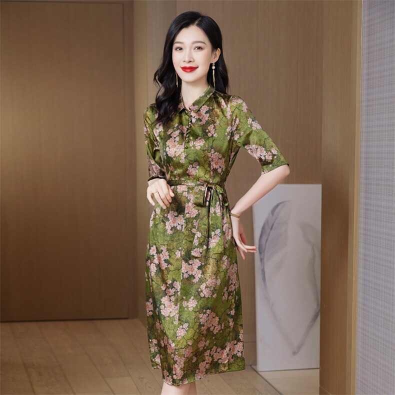 纯苎麻复古文艺法式方领显瘦减龄气质洋气黄色蓝色碎花印花连衣裙,女装连衣裙,阿舍尔精品