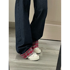 【网图有货】美式格子拼接卷边牛仔裤男女阔腿裤子NZ011CC-特P48，男装牛仔裤，星座1007（原301D）