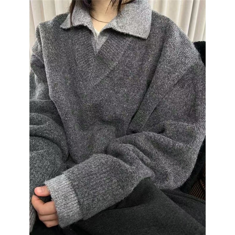 美式复古假两件v领毛衣男女冬季翻领老钱风针织衫上衣慵懒风外套,男装针织衫/毛衣,星座601-1