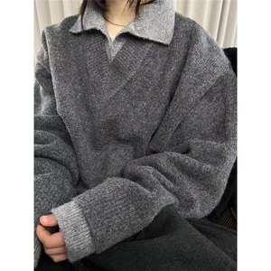 美式复古假两件v领毛衣男女冬季翻领老钱风针织衫上衣慵懒风外套图片