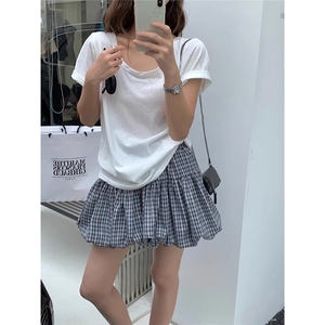 复古学院风格子配腰带花苞半身裙女夏季新款防走光格纹蓬蓬短裙子图片
