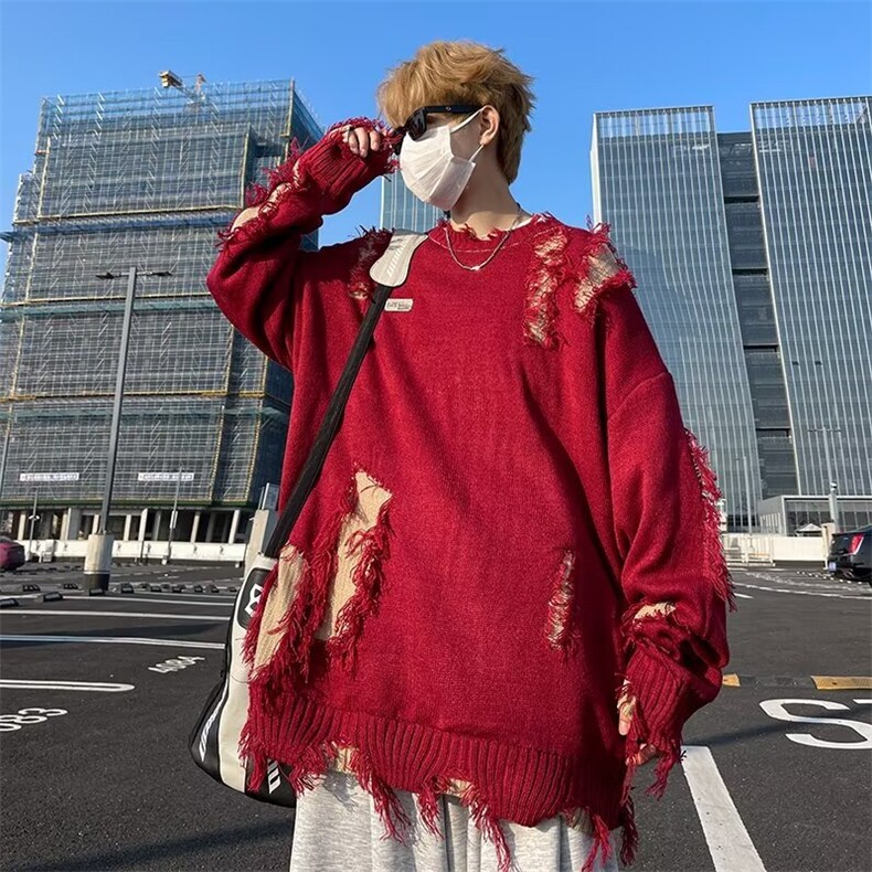 B404P50不规则破洞圆领针织衫男秋冬季街头慵懒风宽松情侣毛衣,男装针织衫/毛衣,星座512-6