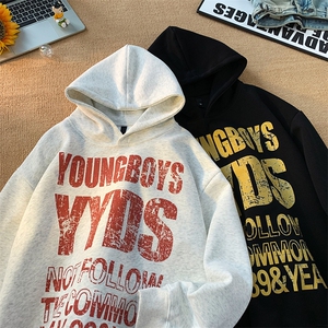 美式复古斑驳字母连帽卫衣男女秋冬帽衫外套XZ225-3-WY09-P48控68图片