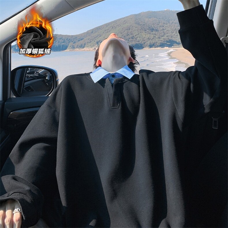 重磅380g华棉假两件Polo领保暖银狐绒男卫衣W5432J加绒-特P45控88,男装棉衣,电商A001-1