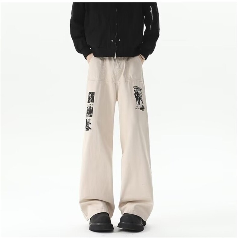 美式复古嘻哈印花宽松直筒工装裤男水洗布街头休闲A303/P55,男装牛仔裤,星座506